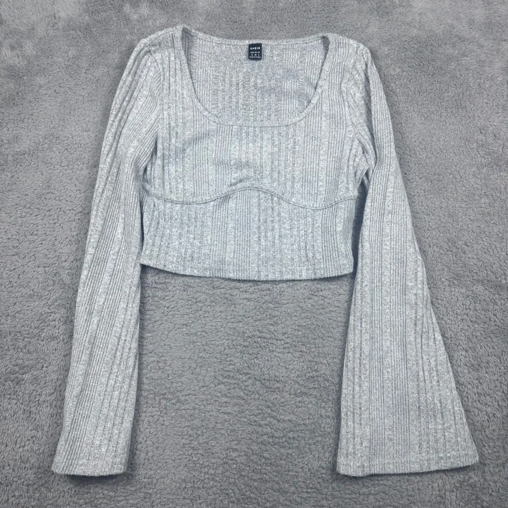 SHEIN Ribbed Knit Crop Top Womens Size M Gray Bell Sleeve Scoop Neck sw220923616